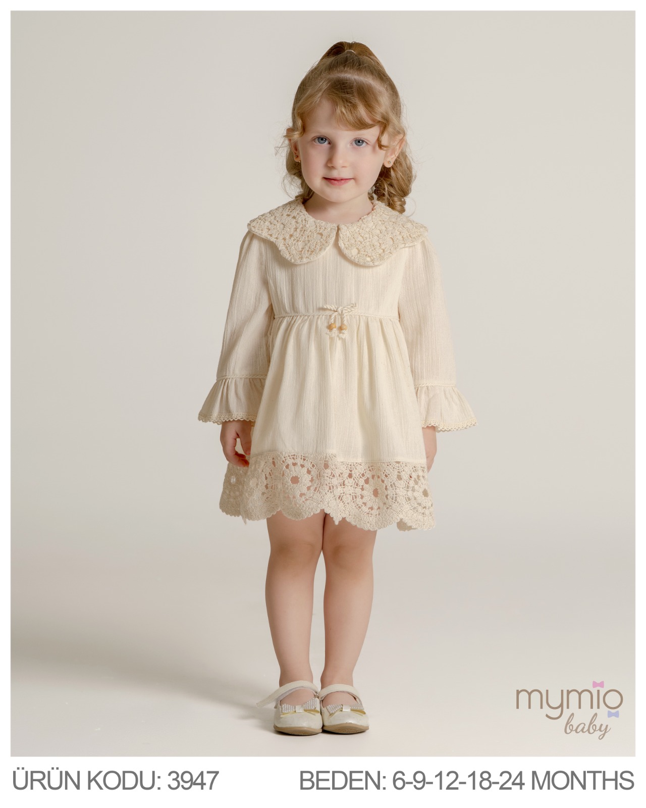 MYMİO-3947 BONCUKLU UZUN KOL BEJ ELBİSE 5'Lİ